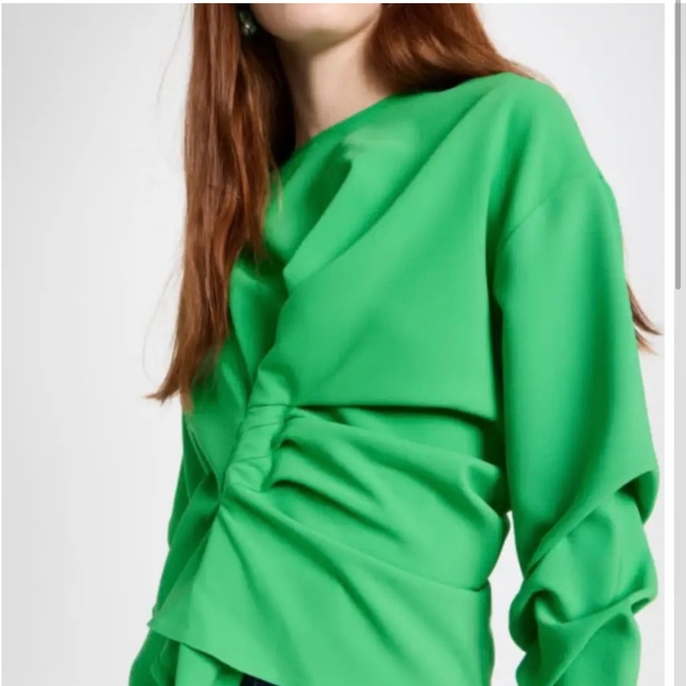 Green Asymmetrical Ruched Long Sleeve Blouse